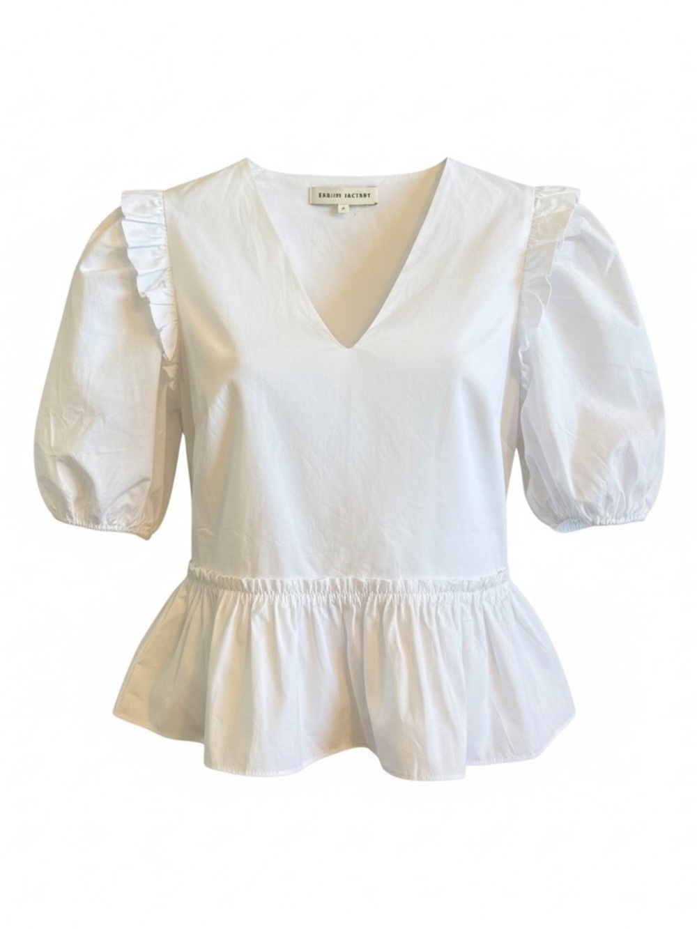 English Factory White V-Neck Puff Sleeve Peplum Top Size L NWT JJ2073T